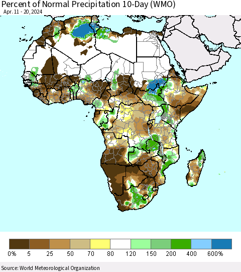 Africa Percent of Normal Precipitation 10-Day (WMO) Thematic Map For 4/11/2024 - 4/20/2024