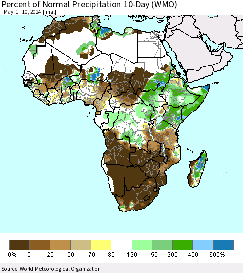 Africa Percent of Normal Precipitation 10-Day (WMO) Thematic Map For 5/1/2024 - 5/10/2024
