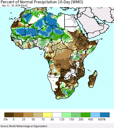 Africa Percent of Normal Precipitation 10-Day (WMO) Thematic Map For 9/11/2024 - 9/20/2024
