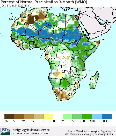 Africa Percent of Normal Precipitation 3-Month (WMO) Thematic Map For 10/6/2019 - 1/5/2020