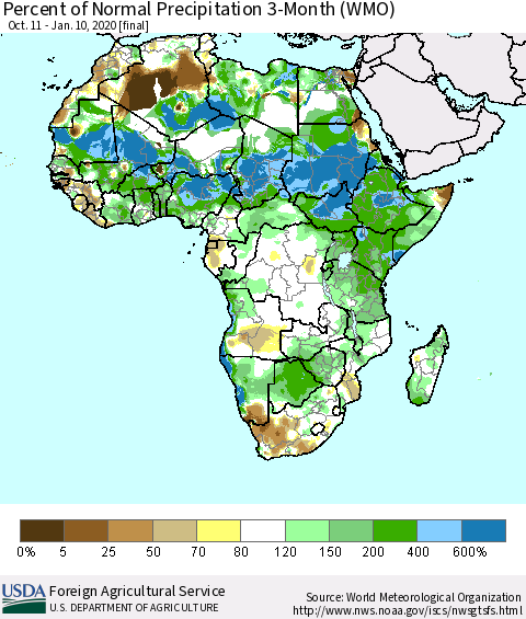 Africa Percent of Normal Precipitation 3-Month (WMO) Thematic Map For 10/11/2019 - 1/10/2020