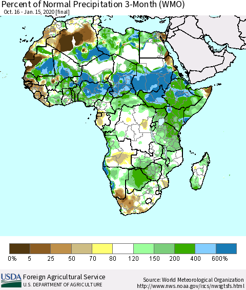 Africa Percent of Normal Precipitation 3-Month (WMO) Thematic Map For 10/16/2019 - 1/15/2020