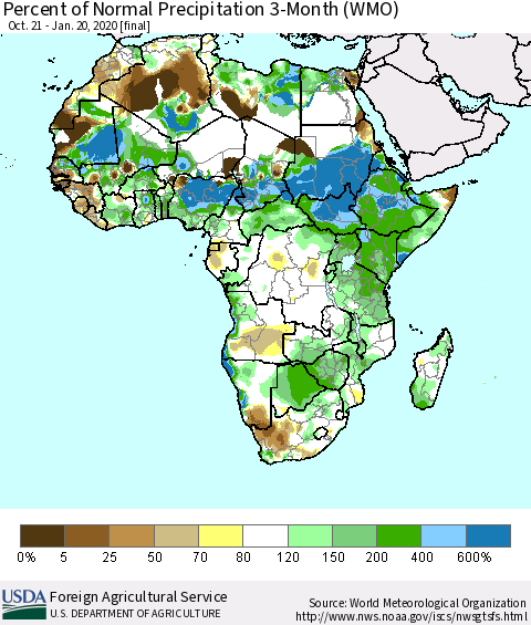 Africa Percent of Normal Precipitation 3-Month (WMO) Thematic Map For 10/21/2019 - 1/20/2020
