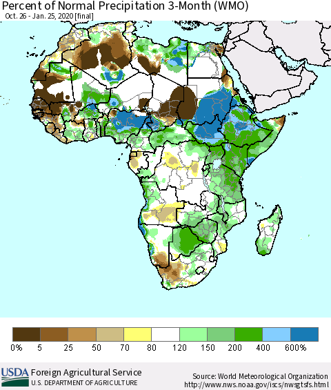 Africa Percent of Normal Precipitation 3-Month (WMO) Thematic Map For 10/26/2019 - 1/25/2020