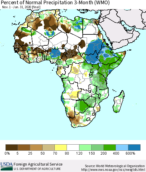 Africa Percent of Normal Precipitation 3-Month (WMO) Thematic Map For 11/1/2019 - 1/31/2020