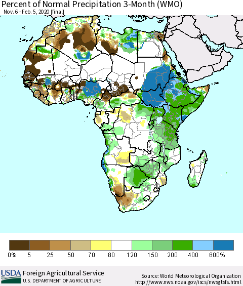 Africa Percent of Normal Precipitation 3-Month (WMO) Thematic Map For 11/6/2019 - 2/5/2020
