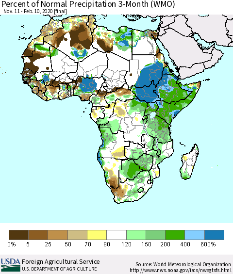 Africa Percent of Normal Precipitation 3-Month (WMO) Thematic Map For 11/11/2019 - 2/10/2020