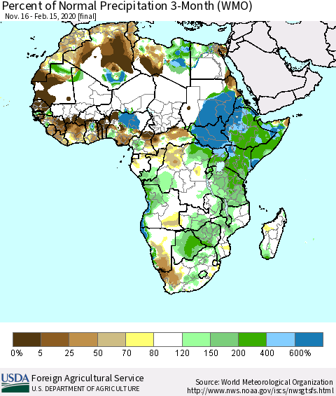 Africa Percent of Normal Precipitation 3-Month (WMO) Thematic Map For 11/16/2019 - 2/15/2020