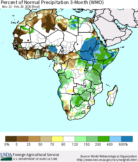 Africa Percent of Normal Precipitation 3-Month (WMO) Thematic Map For 11/21/2019 - 2/20/2020