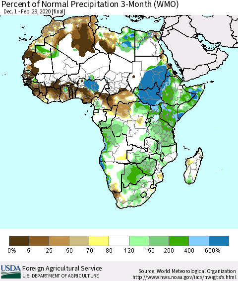 Africa Percent of Normal Precipitation 3-Month (WMO) Thematic Map For 12/1/2019 - 2/29/2020