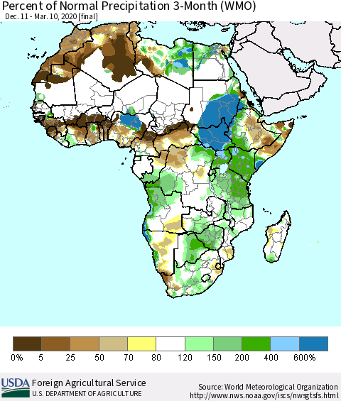 Africa Percent of Normal Precipitation 3-Month (WMO) Thematic Map For 12/11/2019 - 3/10/2020