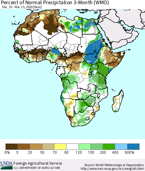 Africa Percent of Normal Precipitation 3-Month (WMO) Thematic Map For 12/16/2019 - 3/15/2020