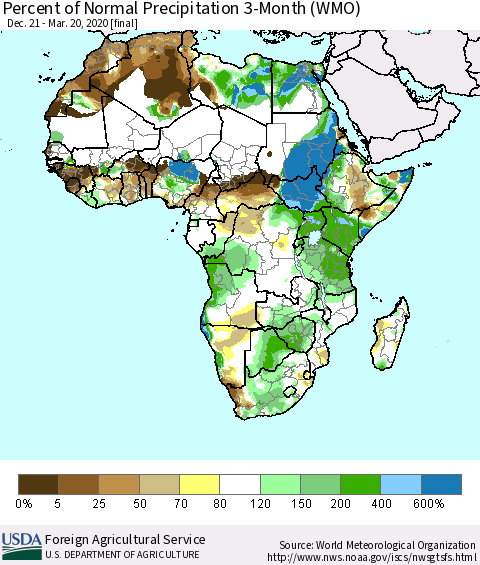 Africa Percent of Normal Precipitation 3-Month (WMO) Thematic Map For 12/21/2019 - 3/20/2020