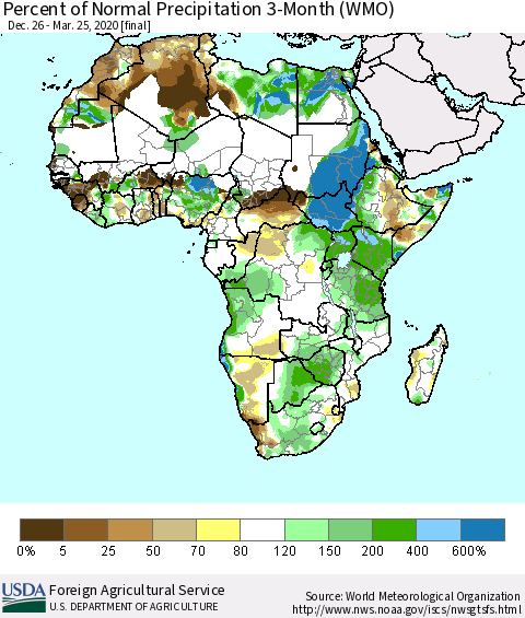 Africa Percent of Normal Precipitation 3-Month (WMO) Thematic Map For 12/26/2019 - 3/25/2020