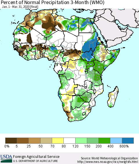 Africa Percent of Normal Precipitation 3-Month (WMO) Thematic Map For 1/1/2020 - 3/31/2020