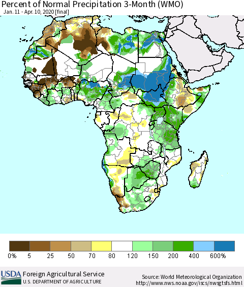 Africa Percent of Normal Precipitation 3-Month (WMO) Thematic Map For 1/11/2020 - 4/10/2020