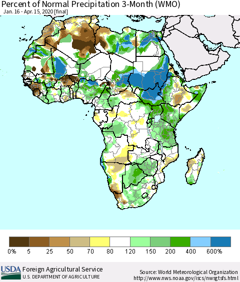 Africa Percent of Normal Precipitation 3-Month (WMO) Thematic Map For 1/16/2020 - 4/15/2020