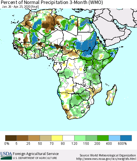 Africa Percent of Normal Precipitation 3-Month (WMO) Thematic Map For 1/26/2020 - 4/25/2020