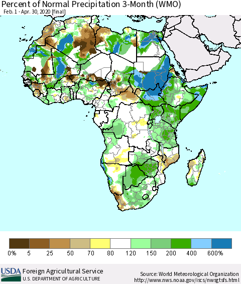 Africa Percent of Normal Precipitation 3-Month (WMO) Thematic Map For 2/1/2020 - 4/30/2020