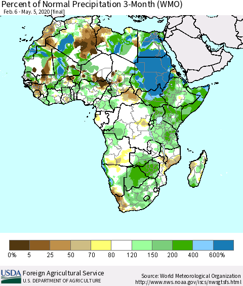 Africa Percent of Normal Precipitation 3-Month (WMO) Thematic Map For 2/6/2020 - 5/5/2020