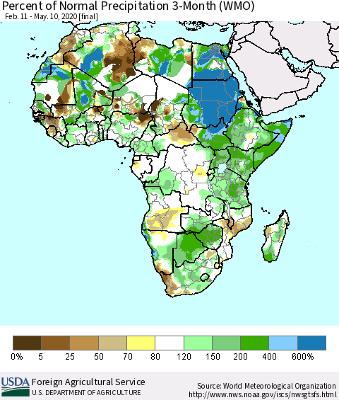 Africa Percent of Normal Precipitation 3-Month (WMO) Thematic Map For 2/11/2020 - 5/10/2020
