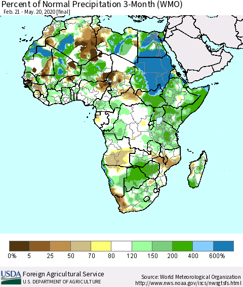 Africa Percent of Normal Precipitation 3-Month (WMO) Thematic Map For 2/21/2020 - 5/20/2020