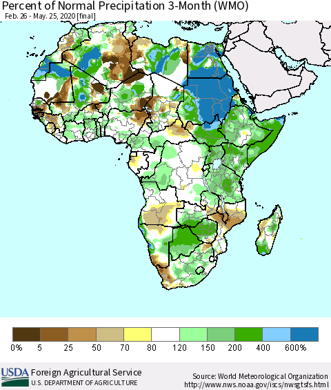 Africa Percent of Normal Precipitation 3-Month (WMO) Thematic Map For 2/26/2020 - 5/25/2020