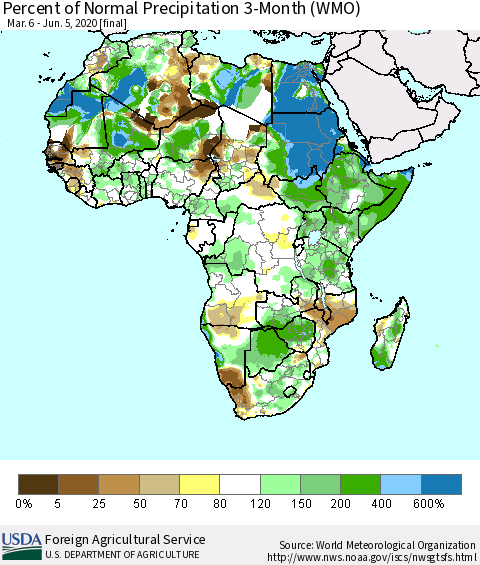Africa Percent of Normal Precipitation 3-Month (WMO) Thematic Map For 3/6/2020 - 6/5/2020