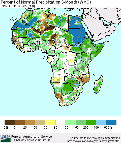 Africa Percent of Normal Precipitation 3-Month (WMO) Thematic Map For 3/11/2020 - 6/10/2020