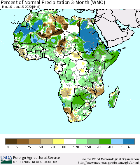 Africa Percent of Normal Precipitation 3-Month (WMO) Thematic Map For 3/16/2020 - 6/15/2020