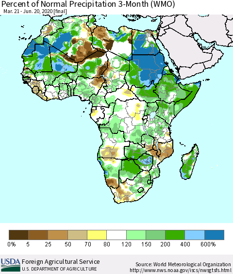 Africa Percent of Normal Precipitation 3-Month (WMO) Thematic Map For 3/21/2020 - 6/20/2020
