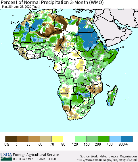 Africa Percent of Normal Precipitation 3-Month (WMO) Thematic Map For 3/26/2020 - 6/25/2020