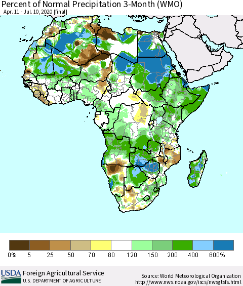 Africa Percent of Normal Precipitation 3-Month (WMO) Thematic Map For 4/11/2020 - 7/10/2020