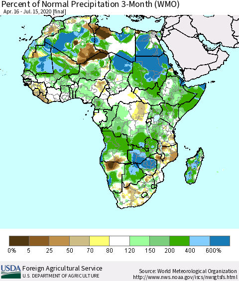 Africa Percent of Normal Precipitation 3-Month (WMO) Thematic Map For 4/16/2020 - 7/15/2020