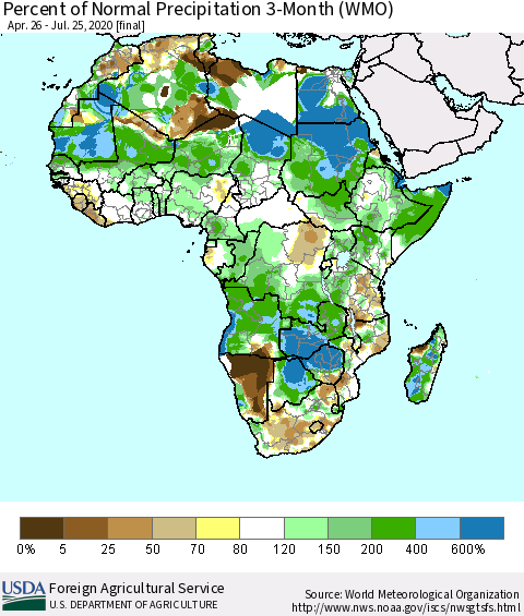 Africa Percent of Normal Precipitation 3-Month (WMO) Thematic Map For 4/26/2020 - 7/25/2020