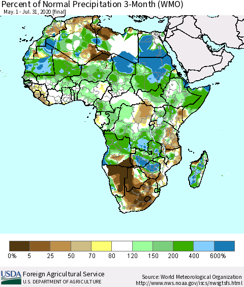 Africa Percent of Normal Precipitation 3-Month (WMO) Thematic Map For 5/1/2020 - 7/31/2020