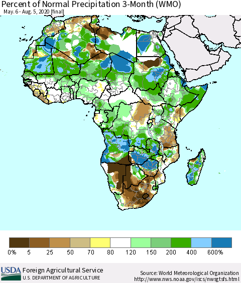 Africa Percent of Normal Precipitation 3-Month (WMO) Thematic Map For 5/6/2020 - 8/5/2020