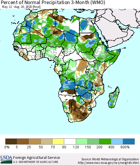 Africa Percent of Normal Precipitation 3-Month (WMO) Thematic Map For 5/11/2020 - 8/10/2020