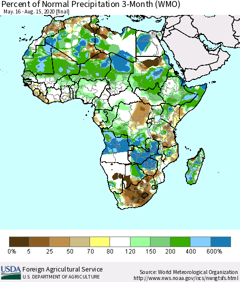Africa Percent of Normal Precipitation 3-Month (WMO) Thematic Map For 5/16/2020 - 8/15/2020