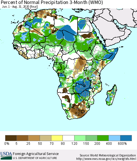Africa Percent of Normal Precipitation 3-Month (WMO) Thematic Map For 6/1/2020 - 8/31/2020