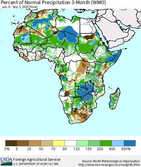 Africa Percent of Normal Precipitation 3-Month (WMO) Thematic Map For 6/6/2020 - 9/5/2020