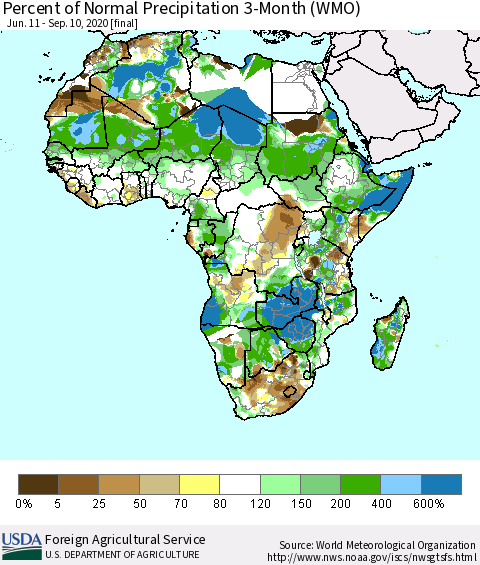 Africa Percent of Normal Precipitation 3-Month (WMO) Thematic Map For 6/11/2020 - 9/10/2020