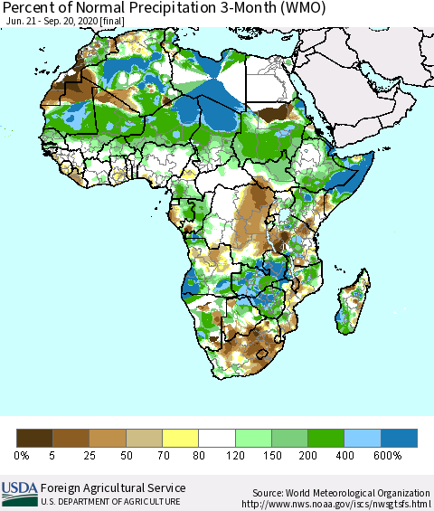 Africa Percent of Normal Precipitation 3-Month (WMO) Thematic Map For 6/21/2020 - 9/20/2020