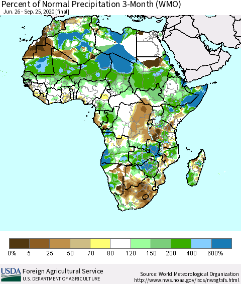 Africa Percent of Normal Precipitation 3-Month (WMO) Thematic Map For 6/26/2020 - 9/25/2020