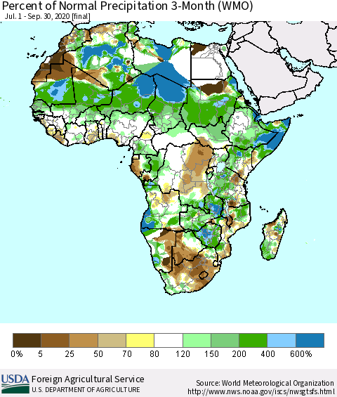 Africa Percent of Normal Precipitation 3-Month (WMO) Thematic Map For 7/1/2020 - 9/30/2020