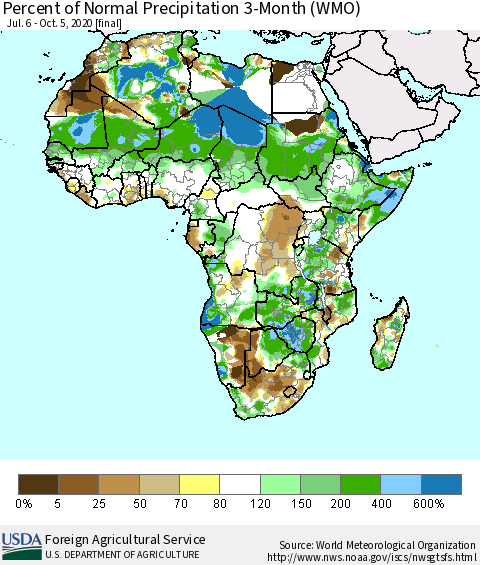 Africa Percent of Normal Precipitation 3-Month (WMO) Thematic Map For 7/6/2020 - 10/5/2020
