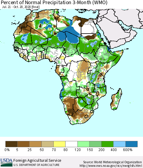 Africa Percent of Normal Precipitation 3-Month (WMO) Thematic Map For 7/21/2020 - 10/20/2020