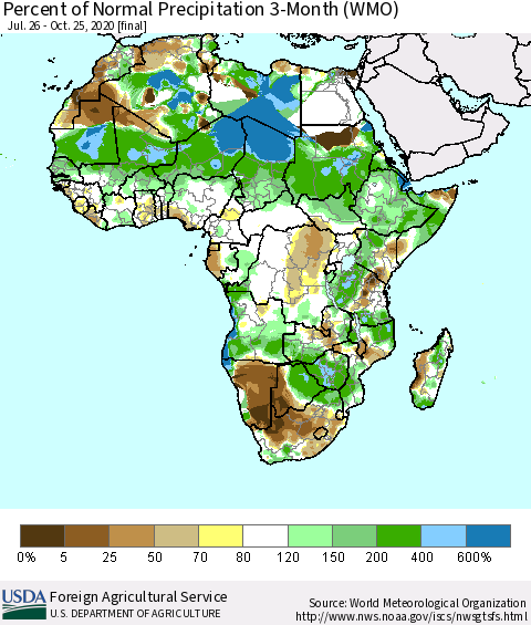 Africa Percent of Normal Precipitation 3-Month (WMO) Thematic Map For 7/26/2020 - 10/25/2020