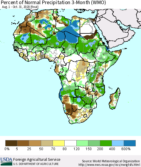 Africa Percent of Normal Precipitation 3-Month (WMO) Thematic Map For 8/1/2020 - 10/31/2020