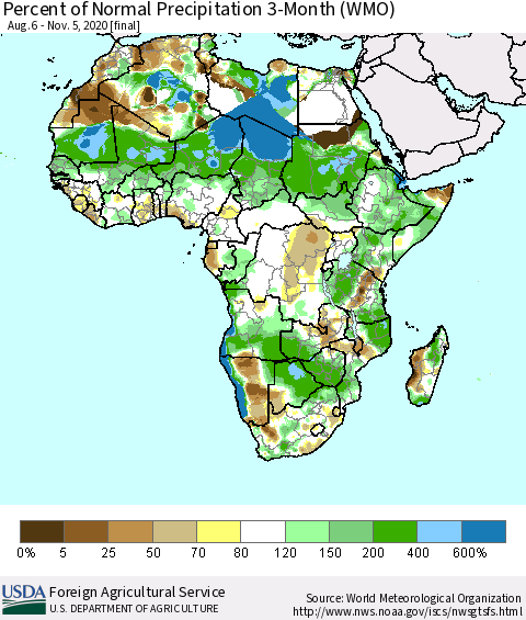 Africa Percent of Normal Precipitation 3-Month (WMO) Thematic Map For 8/6/2020 - 11/5/2020